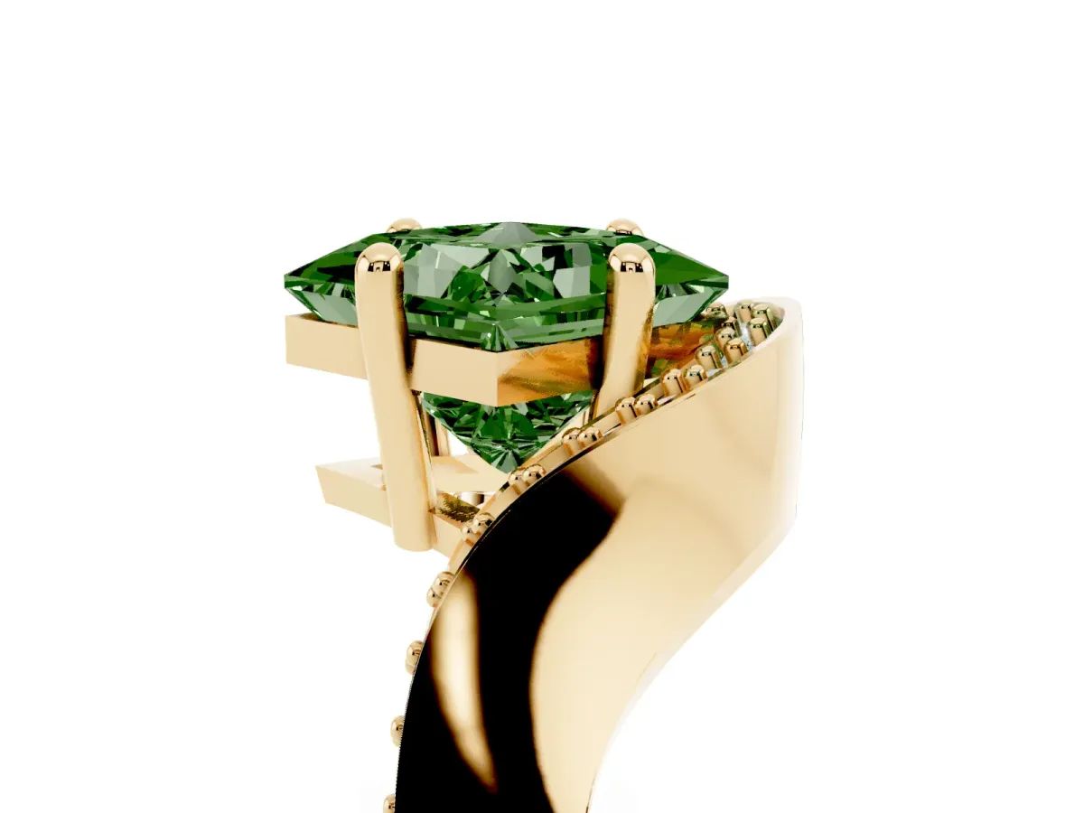 Fancy Green Princess Cut Solitaire Diamond Engagement Ring with Pave Band and Four-Prong Setting Yellow gold