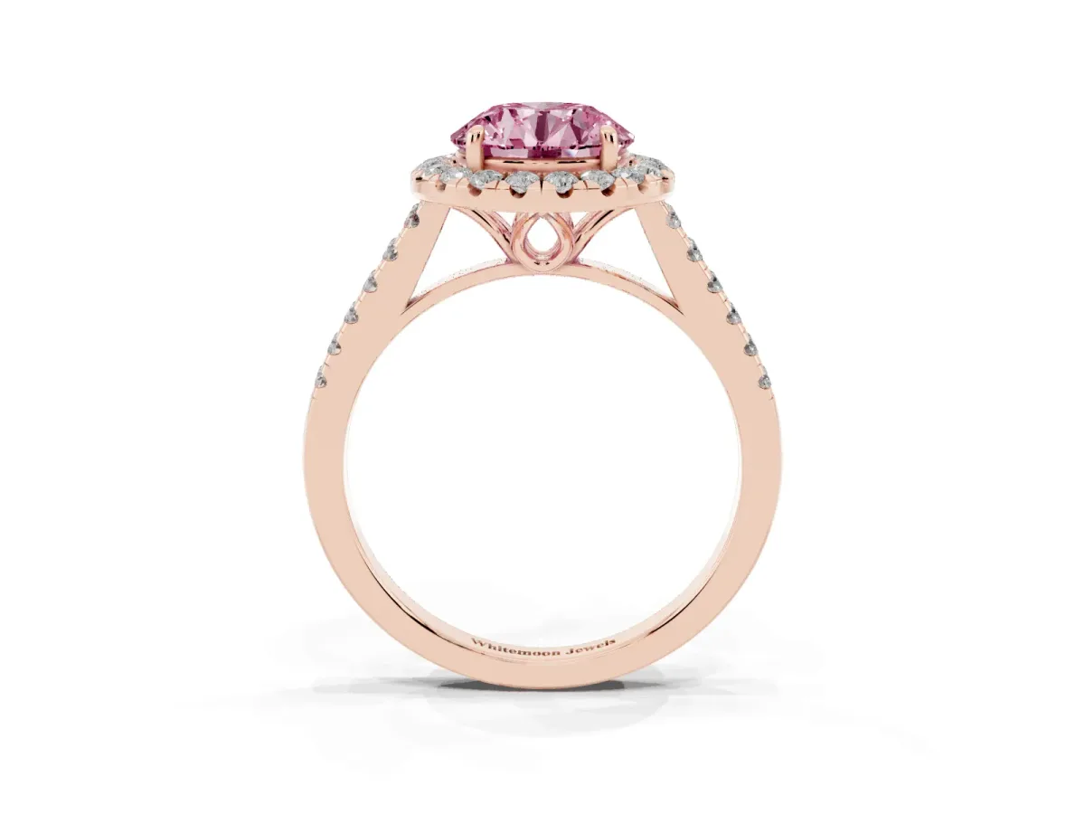 Fancy Pink Round Cut Halo Pavé Diamond Engagement Ring with Four-Prong Setting Rose gold