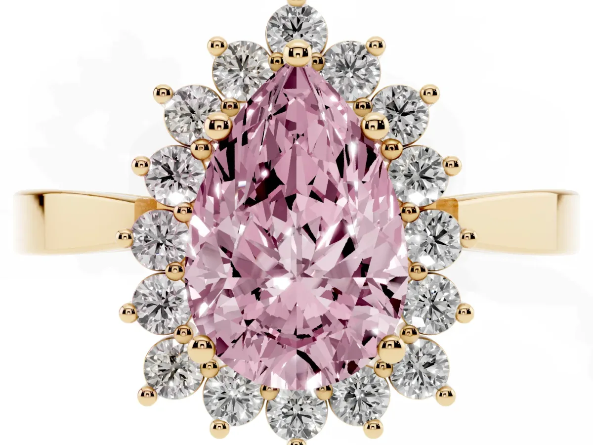 Fancy Pink Pear Cut Cut Diamond Halo Ring with Round Brilliant Halo and Solitaire Band Yellow gold