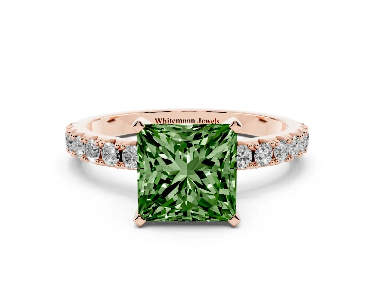 Fancy Green Princess Cut Diamond Solitaire Pavé Band with Four-Prong Setting Rose gold