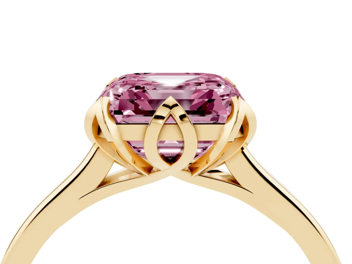 Fancy Pink Asscher Cut Diamond Solitaire Ring with Flower Prong Setting and Classic Band Yellow gold