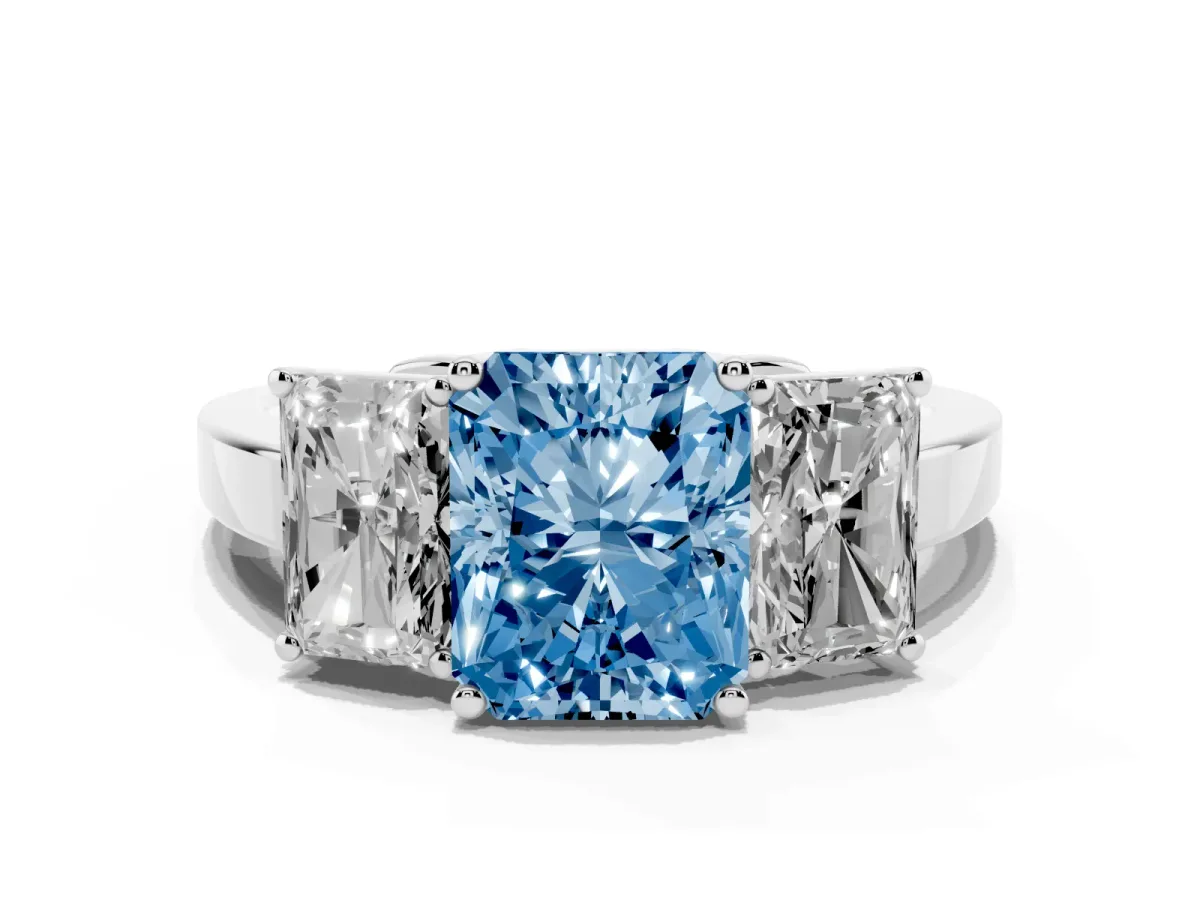 Fancy Blue Three-Stone Radiant Cut Cut Diamond Engagement Ring with Flat Band and Four-Prong Setting Silver