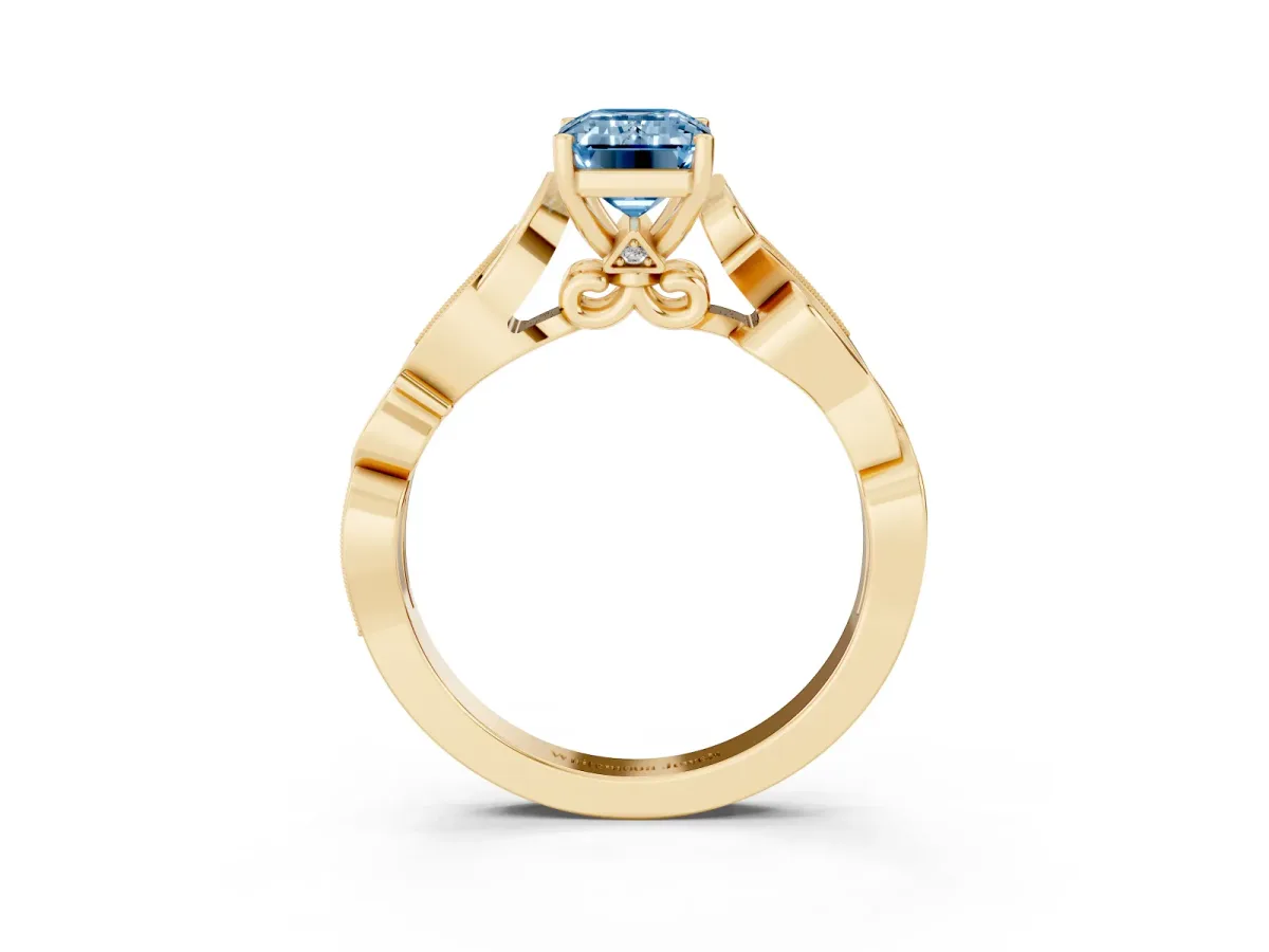 Fancy Blue Emerald Cut Solitaire Vine Band with Milgrain Prong Setting Yellow gold