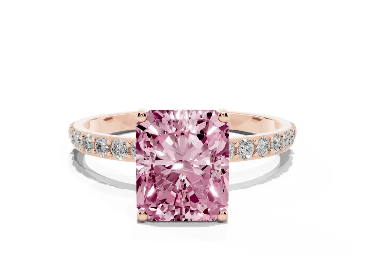 Fancy Pink Radiant Cut Diamond Solitaire Ring with Round Pavé Shoulders and Prong Setting Rose gold