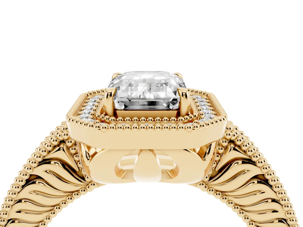 Emerald Cut Cut Halo Diamond Ring with Pavé Band and Four-Prong Setting Yellow gold