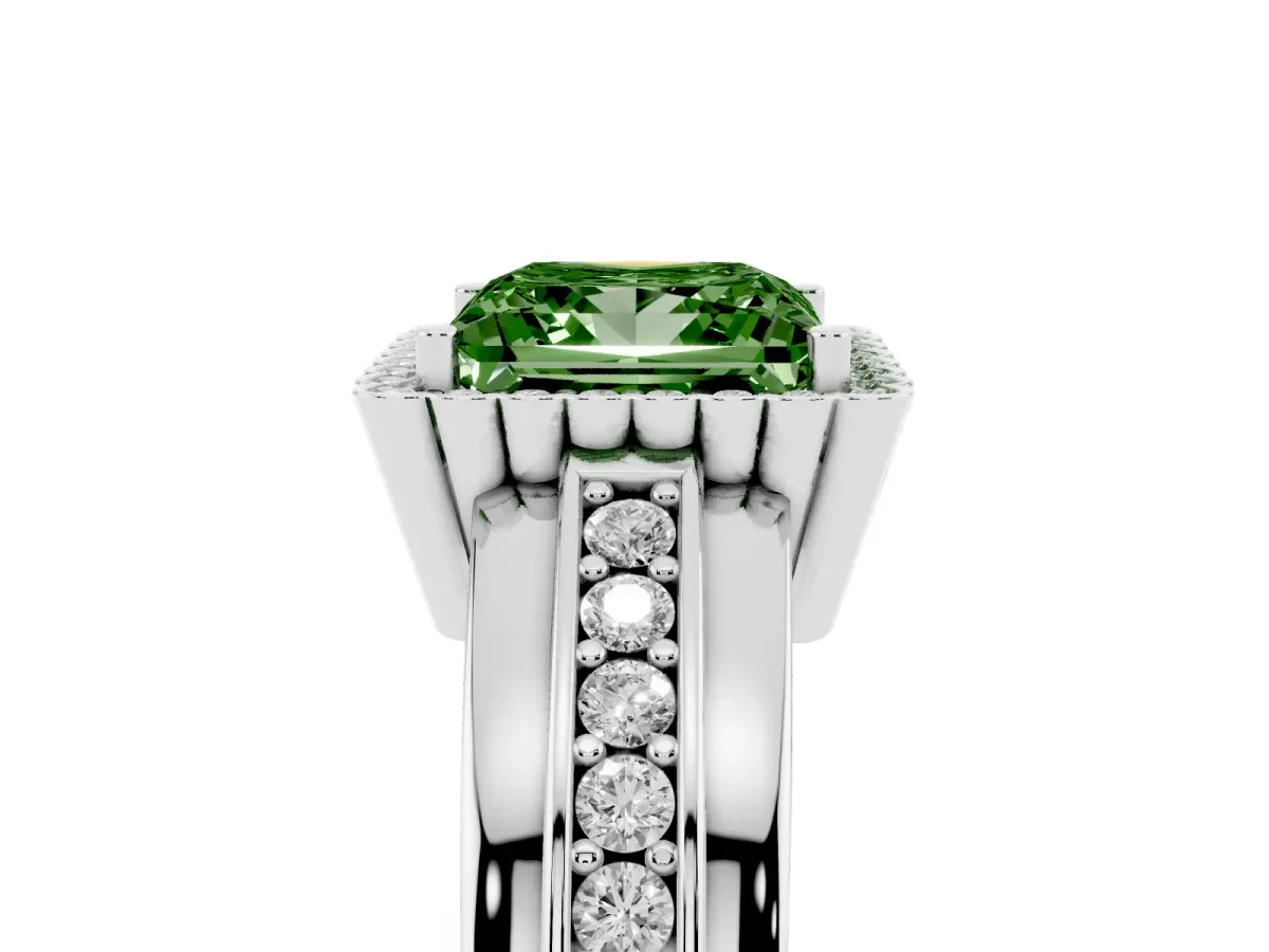 Fancy Green Princess Cut Cut Halo Pave Band Four-Prong Ring Silver