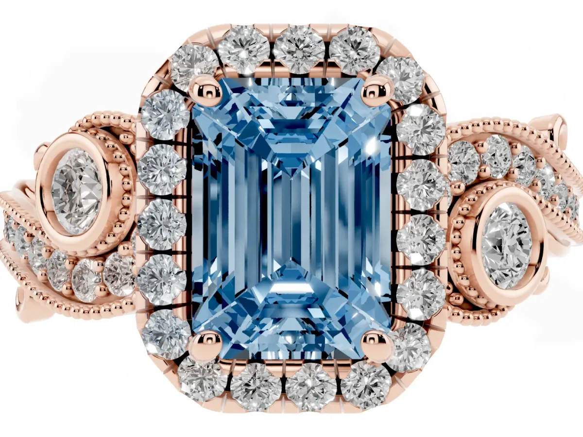 Fancy Blue Emerald Cut Halo Diamond Ring with Milgrain and Bezel Accents on a Split Shank Band Rose gold