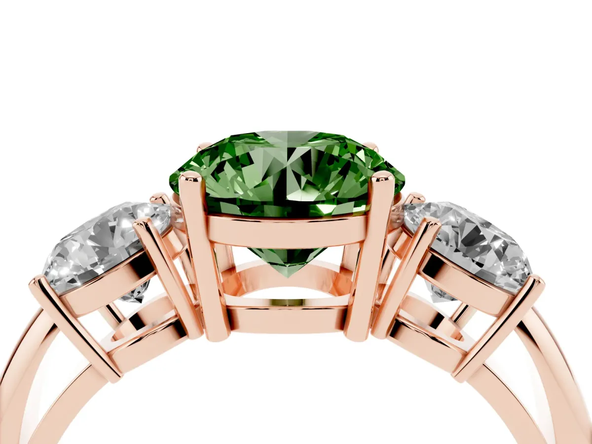 Fancy Green Three-Stone Round Cut Cut Diamond Engagement Ring with Prong Setting on a White Gold Band Rose gold