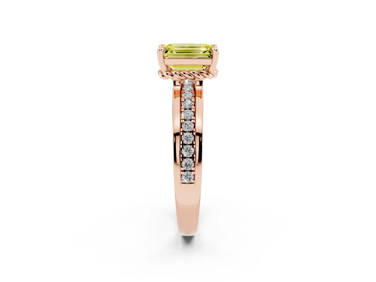 Fancy Yellow Emerald Cut Solitaire Diamond Ring with Channel Set Band and Six-Prong Setting Rose gold