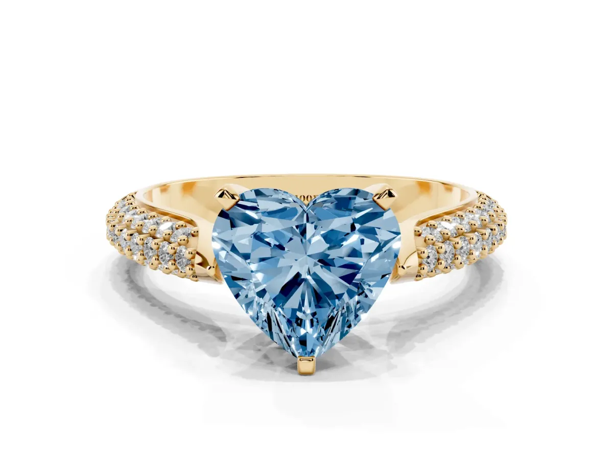 Fancy Blue Heart Cut Diamond Solitaire Engagement Ring with Multi-Row Round Pavé Band and Prong Setting Yellow gold