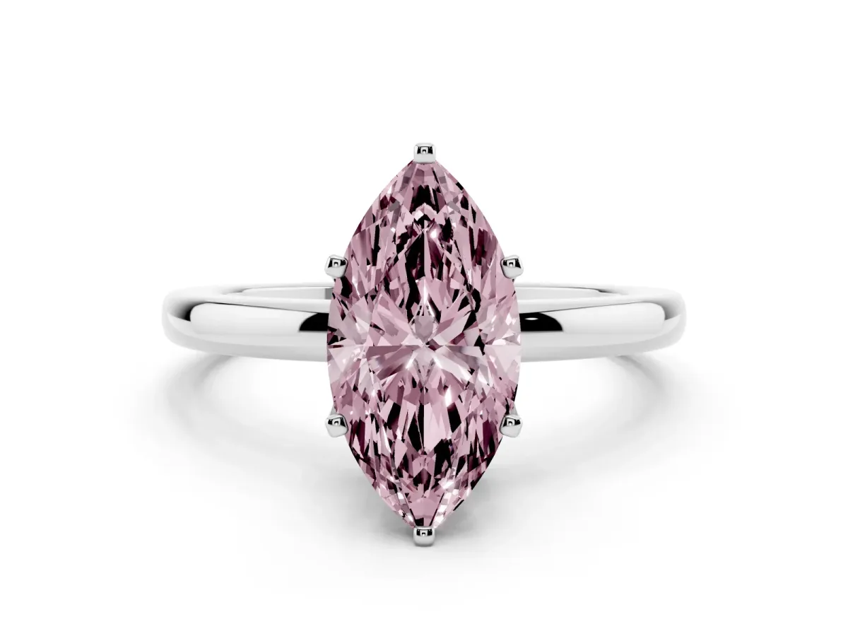Fancy Pink Marquise Cut Solitaire Diamond Ring with Six-Prong Setting on a Classic Band Silver