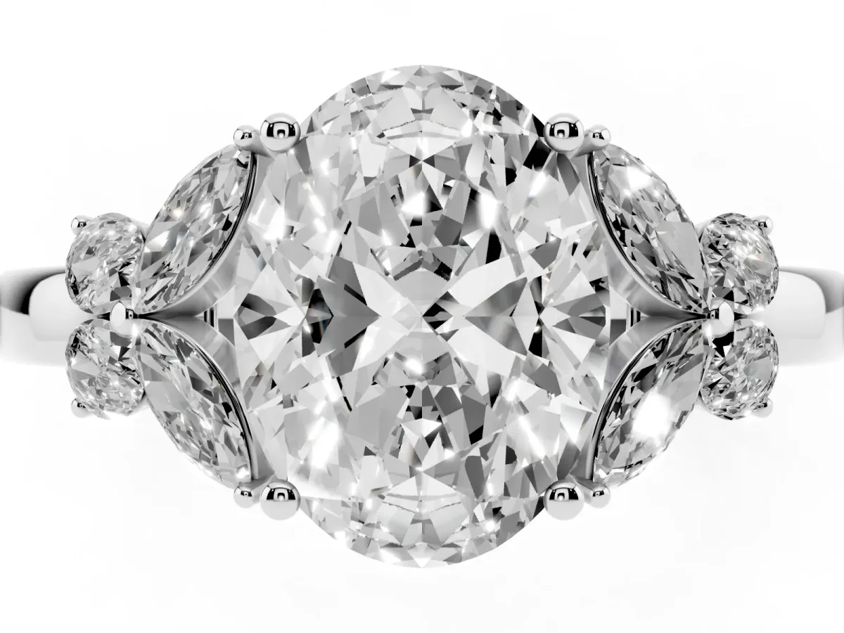 Oval Cut Cut Solitaire Floral Diamond Ring with Four-Prong Setting Platinum