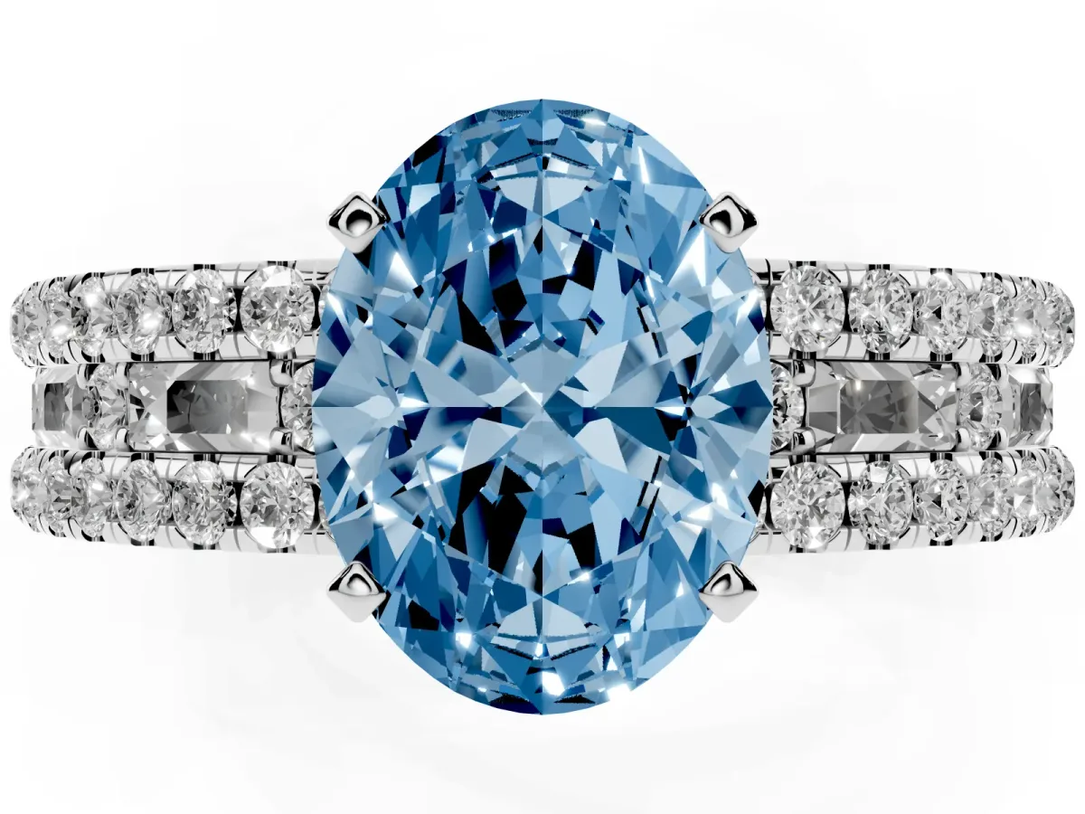 Fancy Blue Oval Cut Diamond Solitaire Ring with Pavé and Channel Set Band Silver