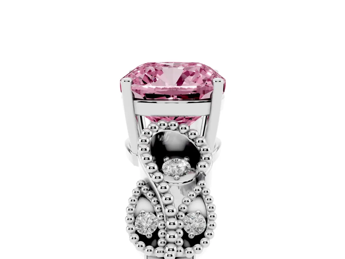 Fancy Pink Cushion Cut Solitaire Milgrain Leaf Band with Prong Setting Silver