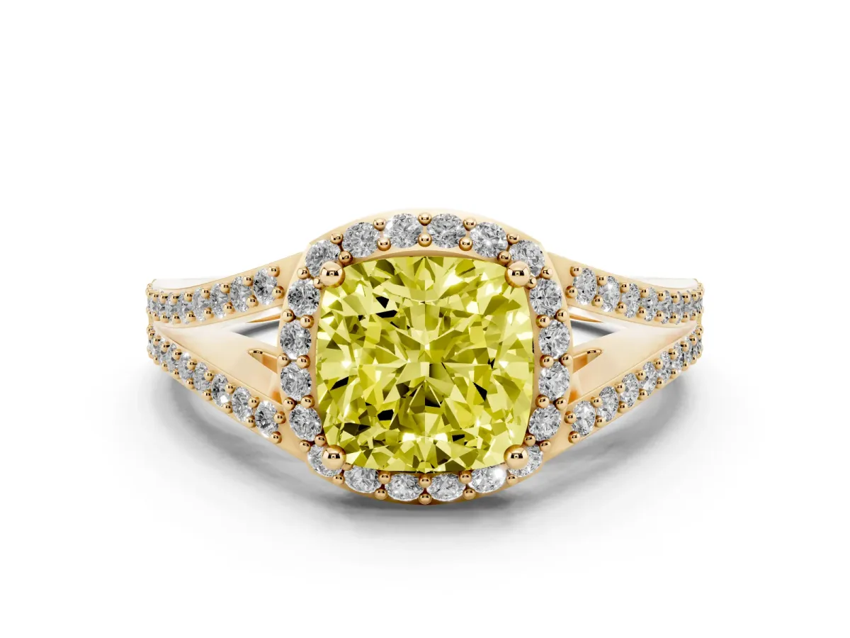 Fancy Yellow Cushion Cut Halo Split Shank Pave Diamond Ring with Four-Prong Setting Yellow gold