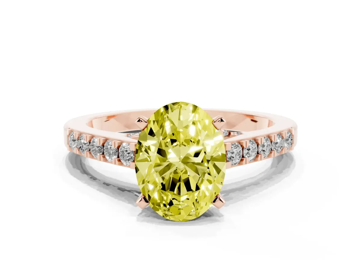 Fancy Yellow Oval Cut Diamond Solitaire Ring with Crossover Gallery and Round Pavé Band Rose gold