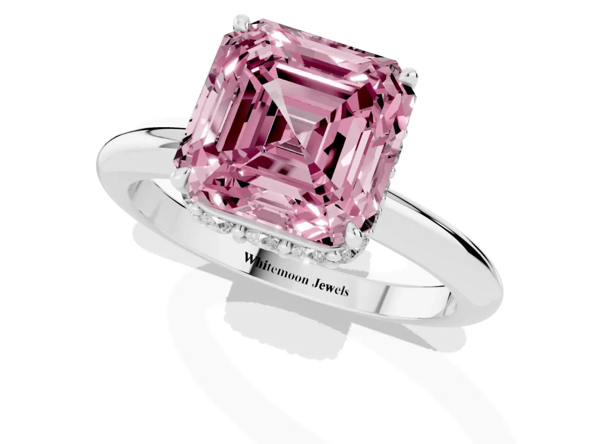Fancy Pink Asscher Cut Brilliant Solitaire Engagement Ring with Six-Prong Setting and Classic Band Silver