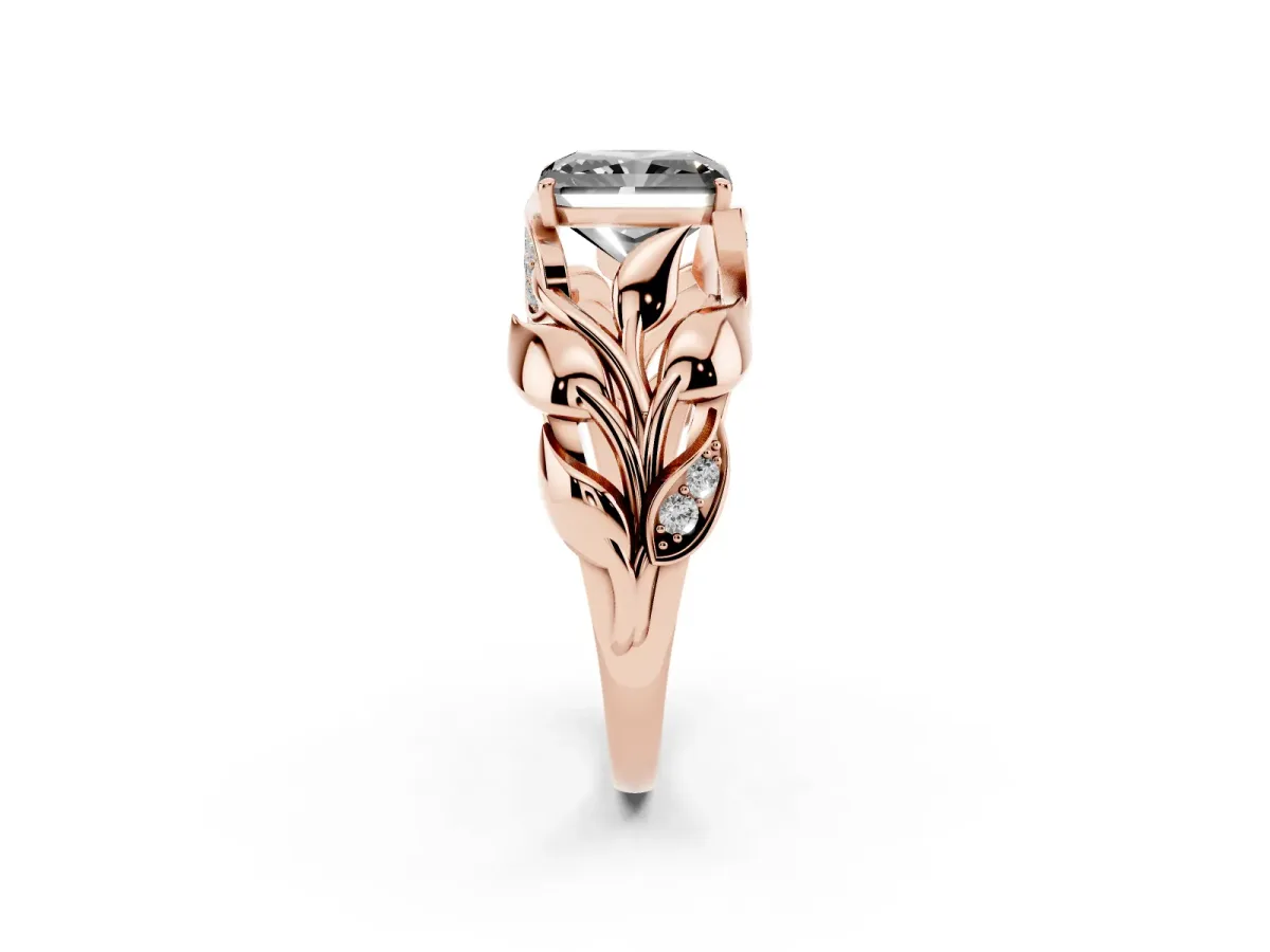 Fancy Black Radiant Cut Diamond Leaf-Inspired Engagement Ring with Round Accents and Prong Setting Rose gold