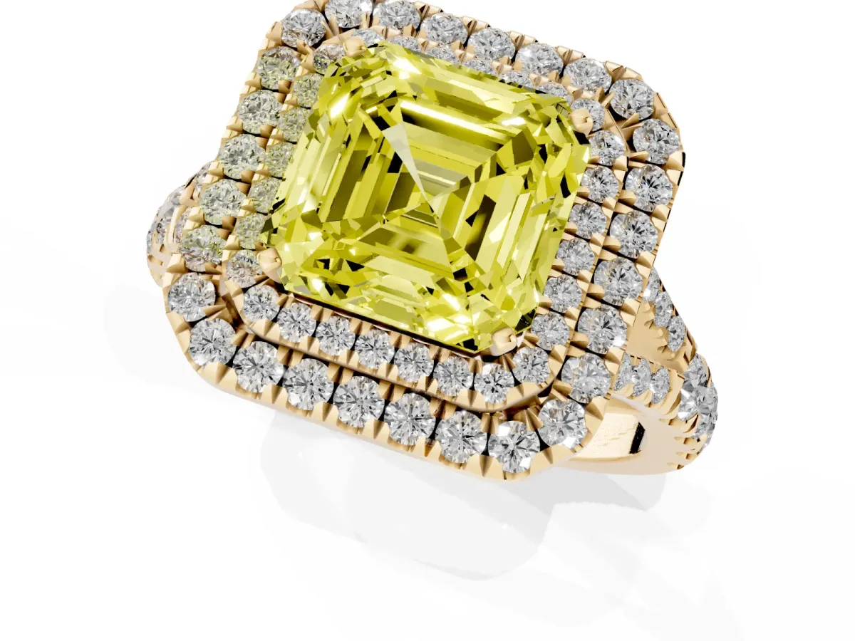 Fancy Yellow Asscher Cut Cut Double Halo Split Shank Diamond Ring with Prong Setting Yellow gold