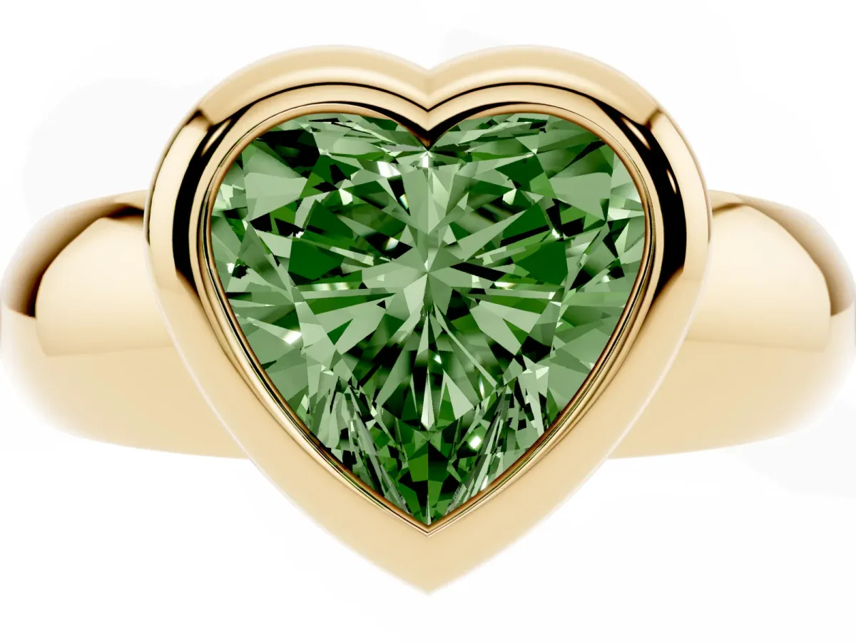 Fancy Green Bezel Set Heart Cut Solitaire Ring with Wide Band Yellow gold