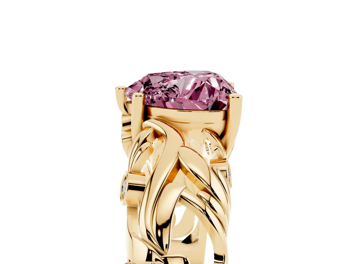 Fancy Pink Heart Cut Solitaire Diamond Leaf-Inspired Vine Band Ring with Prong Setting Yellow gold