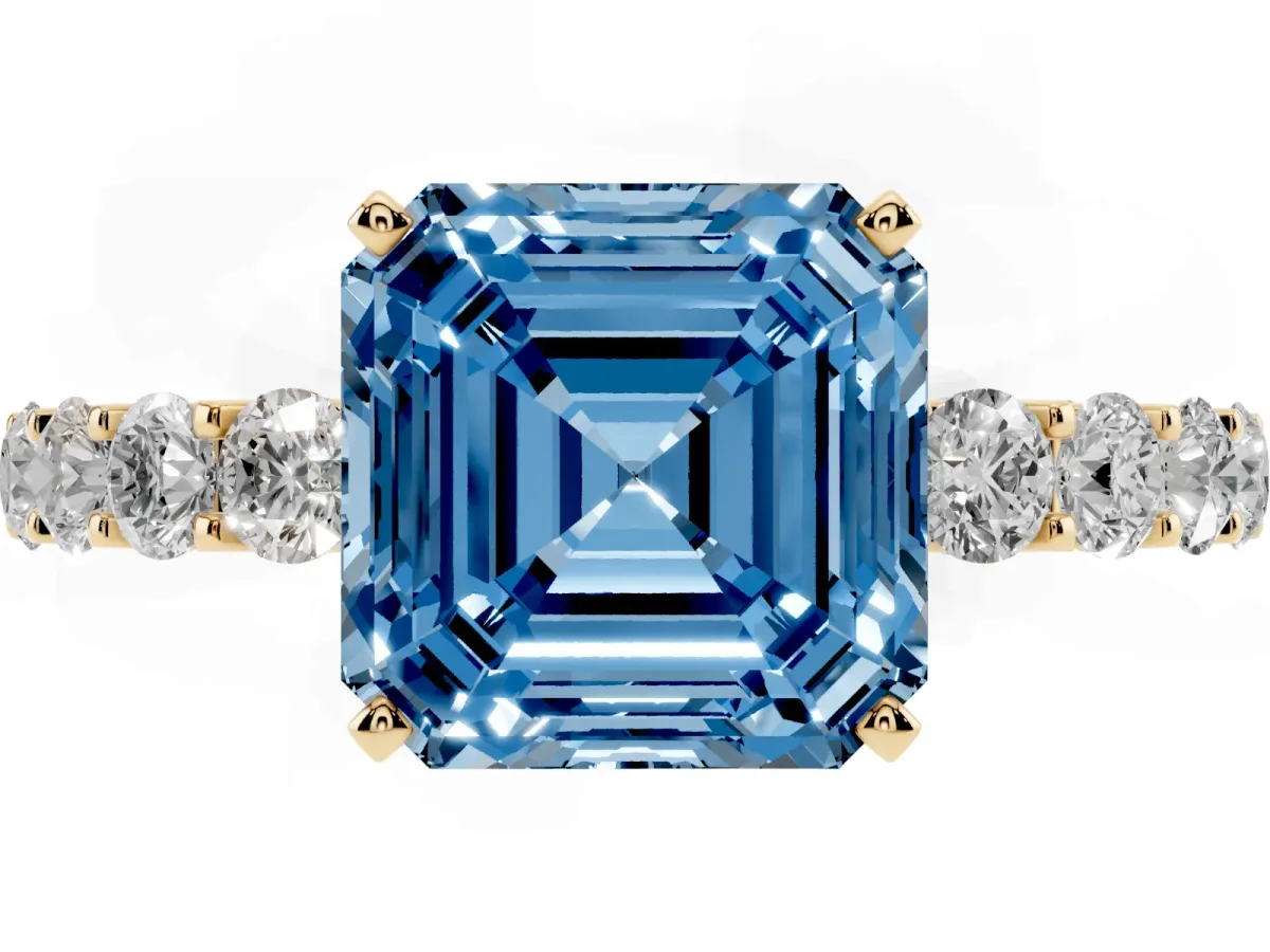 Fancy Blue Asscher Cut Diamond Solitaire Ring with Shared Prong Pavé Band and Four-Prong Setting Yellow gold