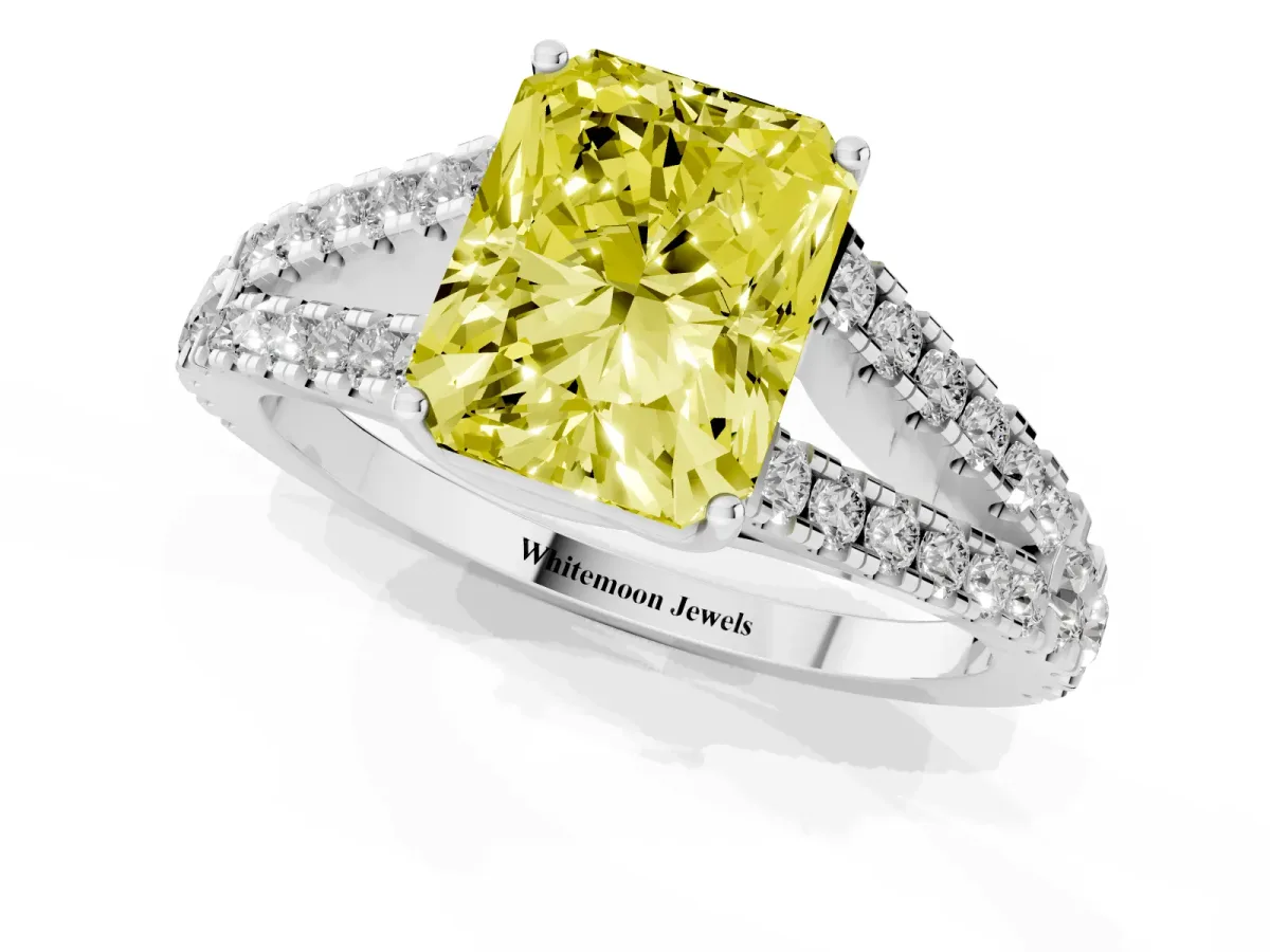 Fancy Yellow Radiant Cut Diamond Split Shank Pavé Engagement Ring with Four-Prong Setting Platinum