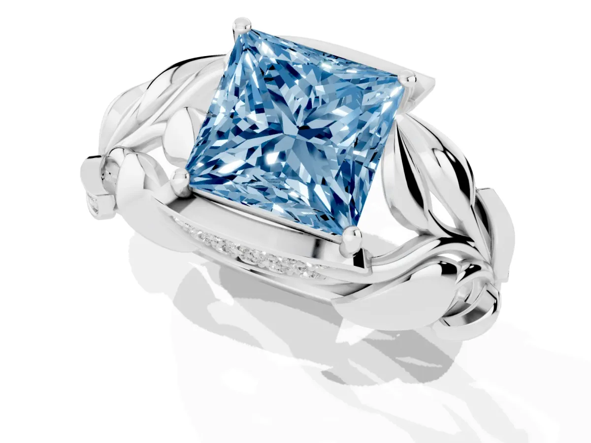 Fancy Blue Princess Cut Diamond Leaf-Inspired Engagement Ring with Round Accents and Prong Setting White gold