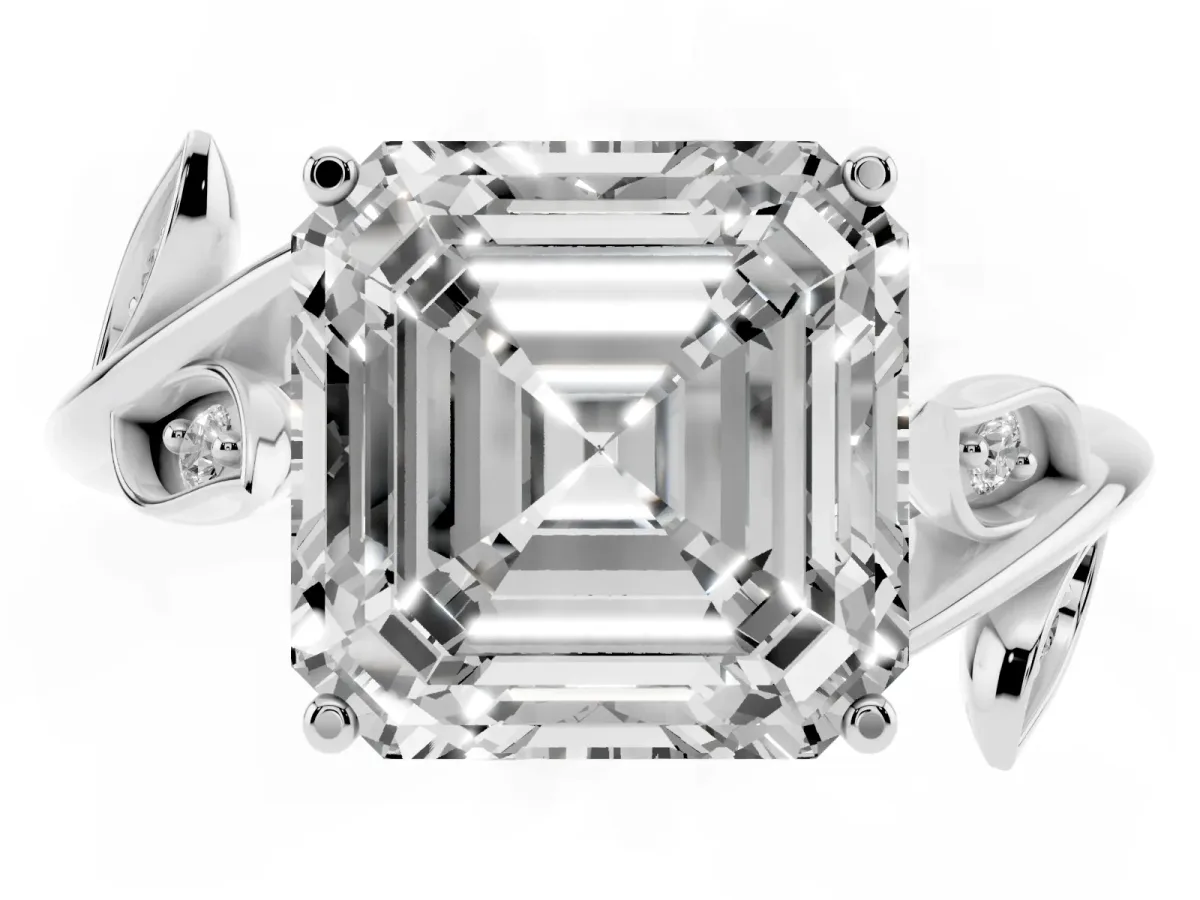 Asscher Cut Solitaire Twist Engagement Ring with Leaf Accents and Prong Setting Silver