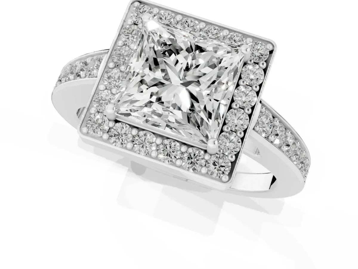 Princess Cut Halo Pavé Diamond Engagement Ring with Bezel Setting Silver