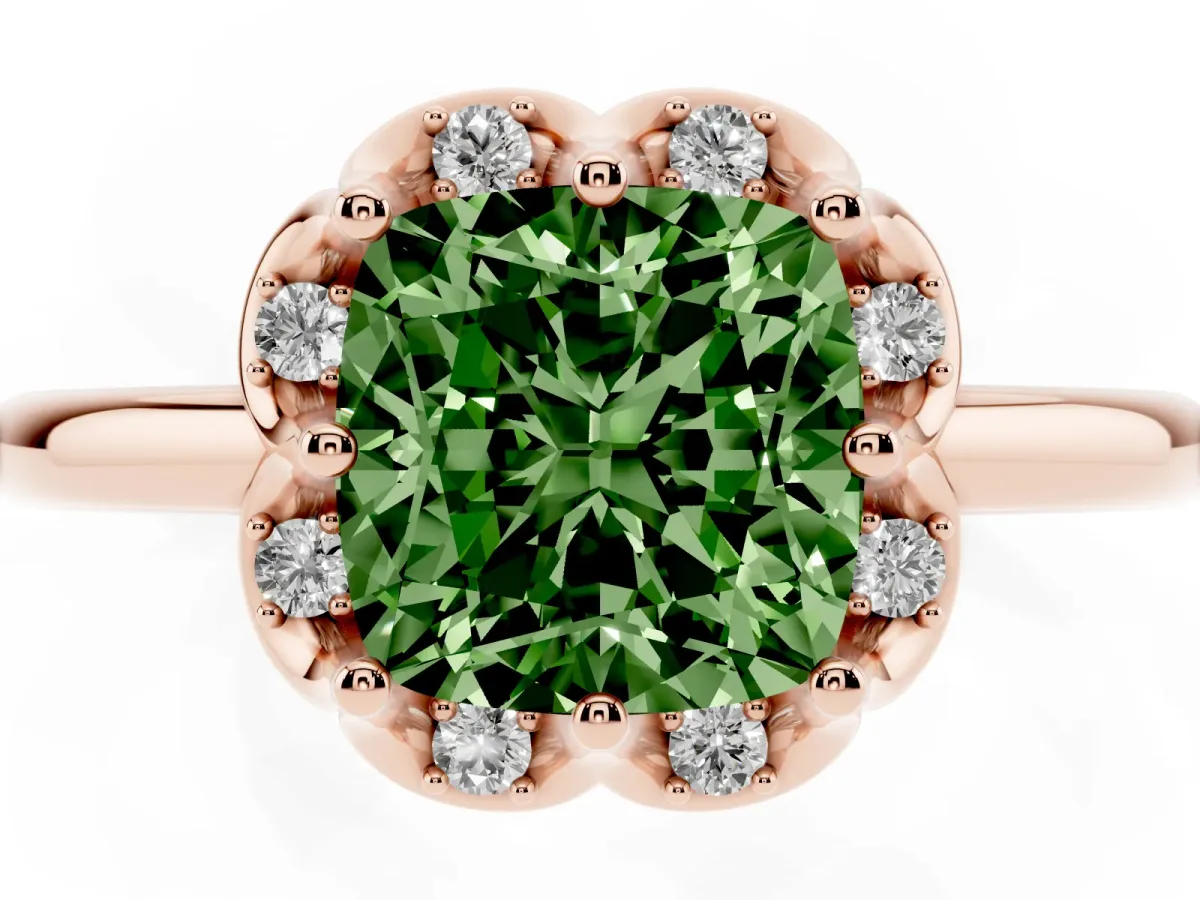 Fancy Green Cushion Cut Halo Diamond Ring with Round Cluster Setting, Solitaire Band, and Four-Prong Setting Rose gold