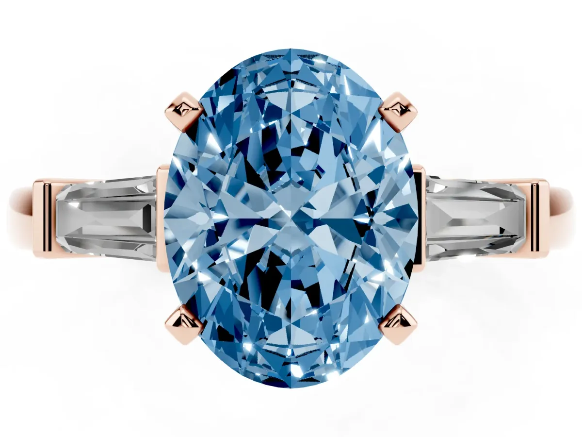 Fancy Blue Oval Cut Cut Diamond Solitaire Ring with Tapered Baguette Accents and Four-Prong Setting Rose gold
