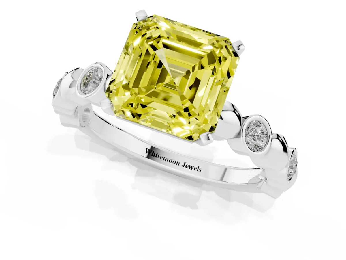 Fancy Yellow Asscher Cut Solitaire Bezel-Set Diamond Ring with Beaded Band and Four-Prong Setting Silver