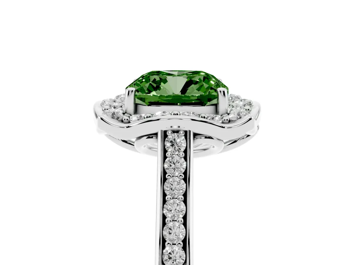 Fancy Green Cushion Cut Halo Round Diamond Pave Band with Four-Prong Setting Platinum