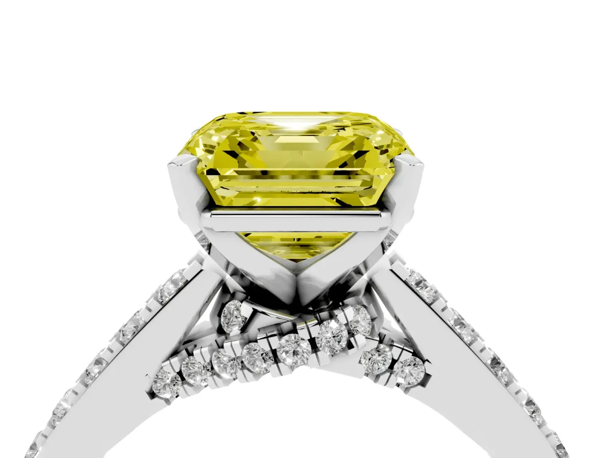 Fancy Yellow Asscher Cut Diamond Solitaire Ring with Crossover Gallery and Round Pavé Band Platinum