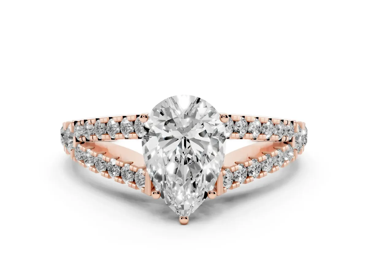 Pear Cut Diamond Split Shank Pavé Engagement Ring with Four-Prong Setting Rose gold