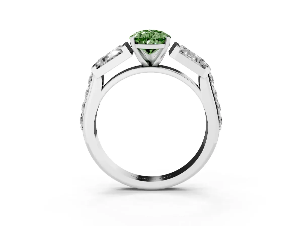 Fancy Green Pear Cut Diamond Engagement Ring with Baguette Side Stones and Channel Set Band Silver