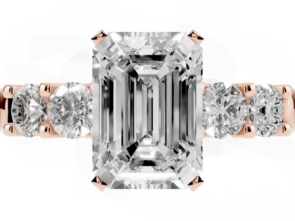 Emerald Cut Brilliant Cut Diamond Five-Stone Prong Set Engagement Ring with Channel Band Rose gold
