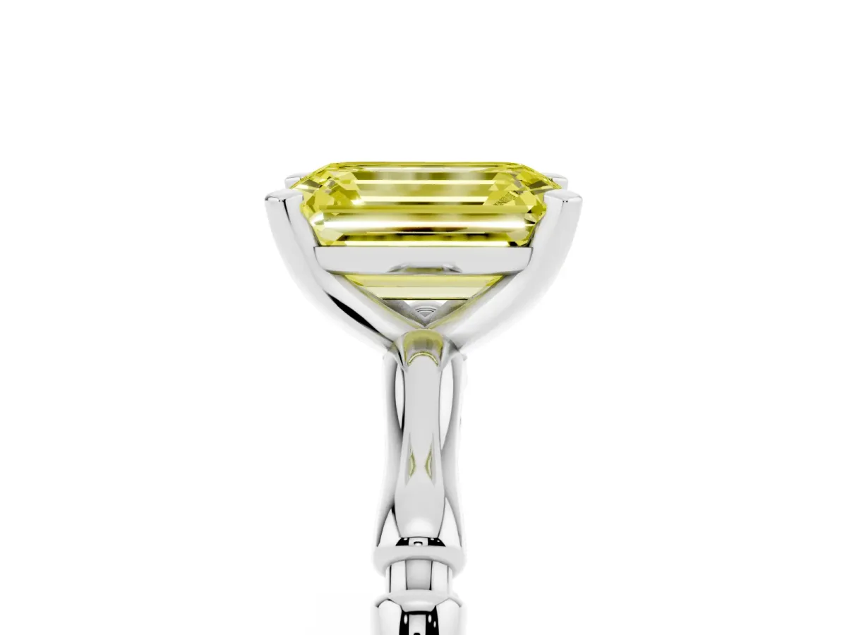 Fancy Yellow Emerald Cut Solitaire Diamond Ring with Bamboo Band and Four-Prong Setting Silver