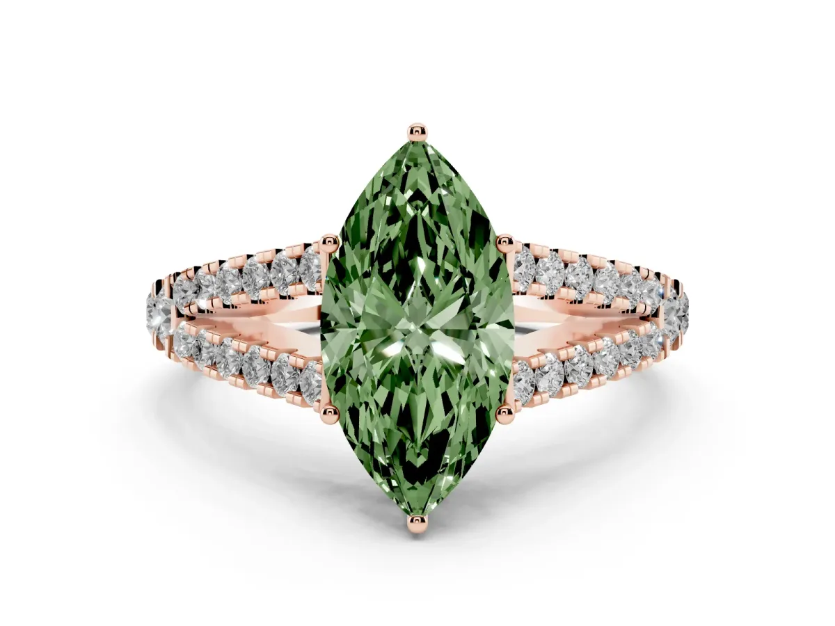 Fancy Green Marquise Cut Diamond Split Shank Engagement Ring with Round Pavé and Prong Setting Rose gold