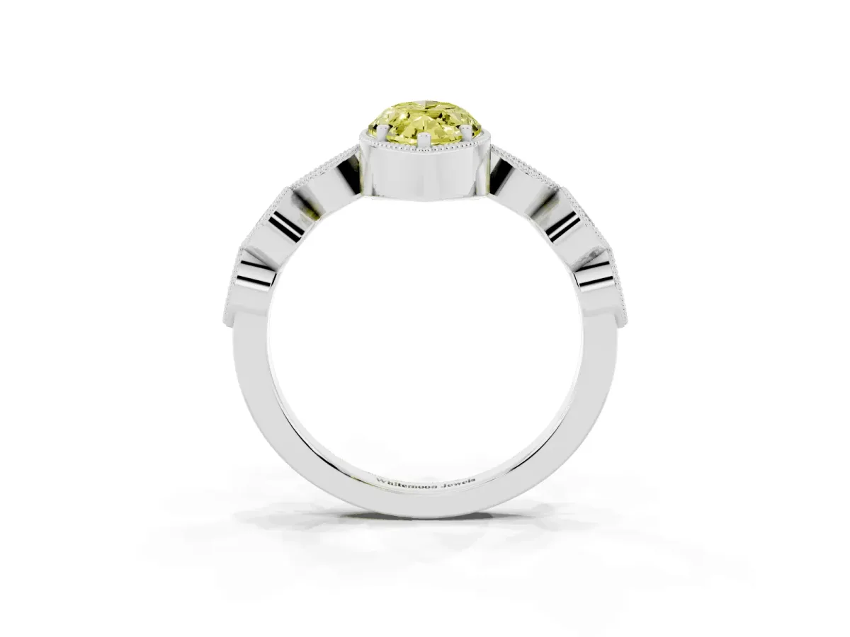 Fancy Yellow Marquise Cut Diamond Vintage Milgrain Ring with Round Stations Silver