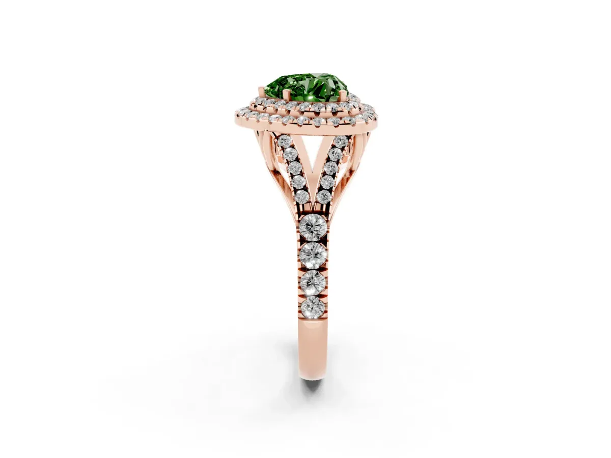 Fancy Green Double Halo Heart Cut Diamond Split Shank Engagement Ring with Four-Prong Setting Rose gold