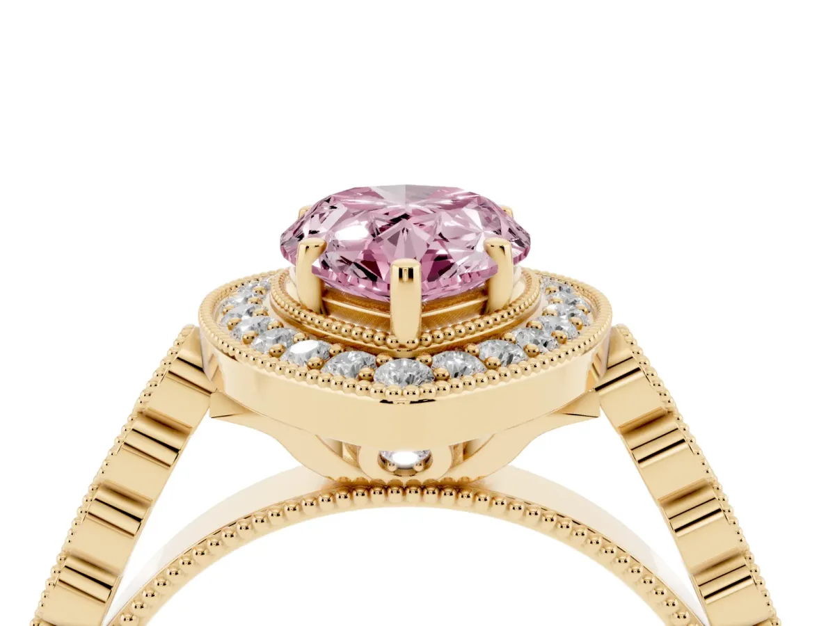 Fancy Pink Pear Cut Halo Milgrain Solitaire with Bezel Set Side Stones and Pave Band Yellow gold