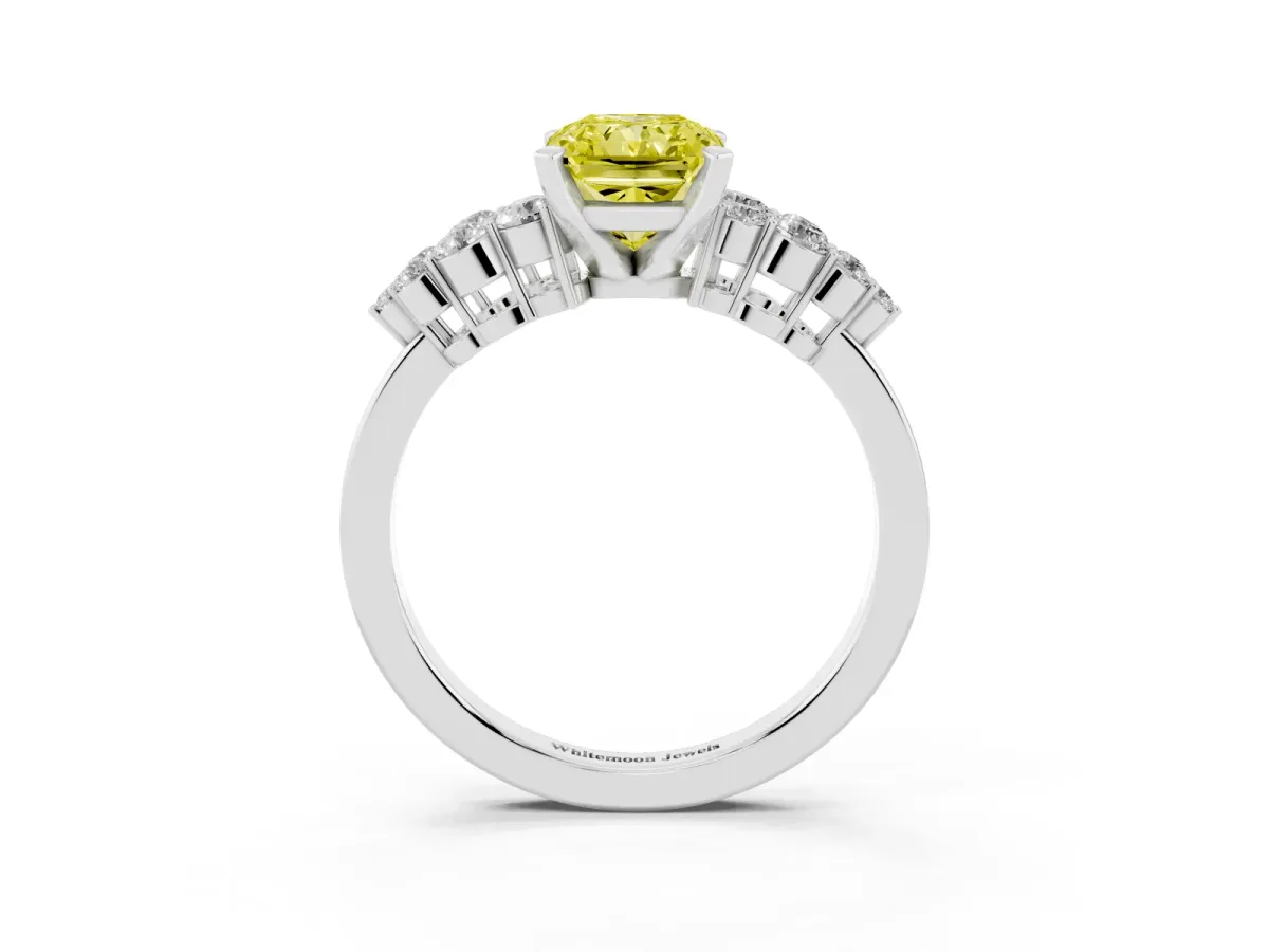 Fancy Yellow Radiant Cut Cluster Diamond Engagement Ring with Pavé Band and Four-Prong Setting White gold