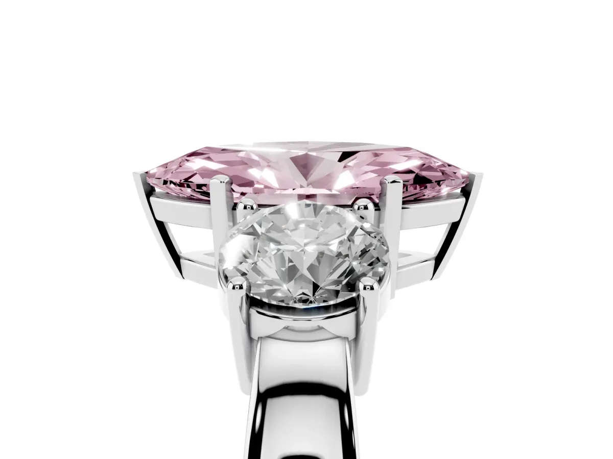 Fancy Pink Three-Stone Marquise Cut Diamond Ring with Round Side Stones, Classic Band, and Four-Prong Setting Platinum