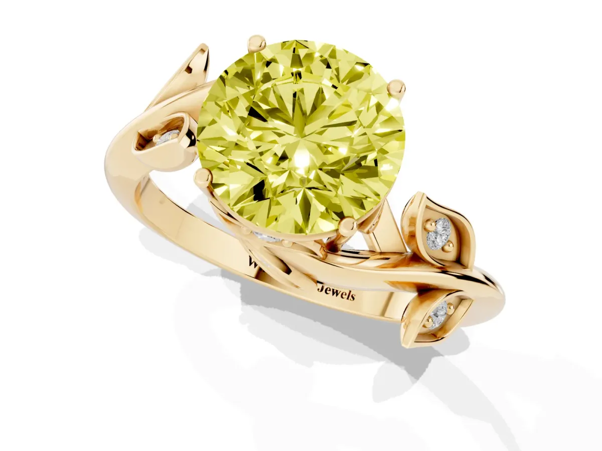 Fancy Yellow Round Cut Solitaire Twist Engagement Ring with Leaf Accents and Prong Setting Yellow gold