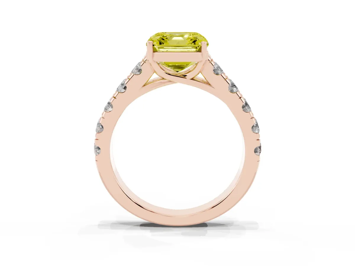Fancy Yellow Asscher Cut Cut Diamond Solitaire Ring with Micro Pave Band and Prong Setting Rose gold