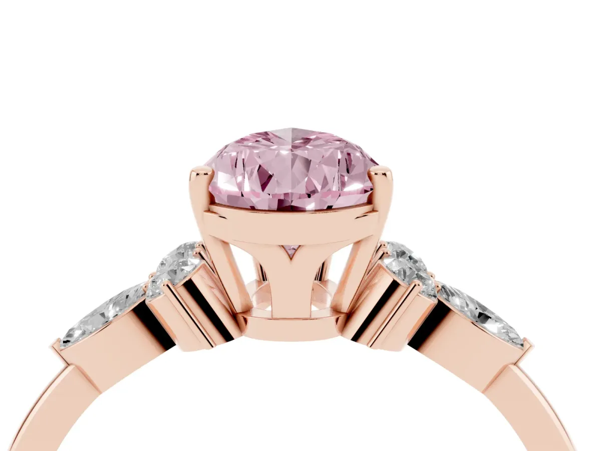 Fancy Pink Pear Cut Brilliant Diamond Solitaire Ring with Pear Side Stones and Four-Prong Setting Rose gold