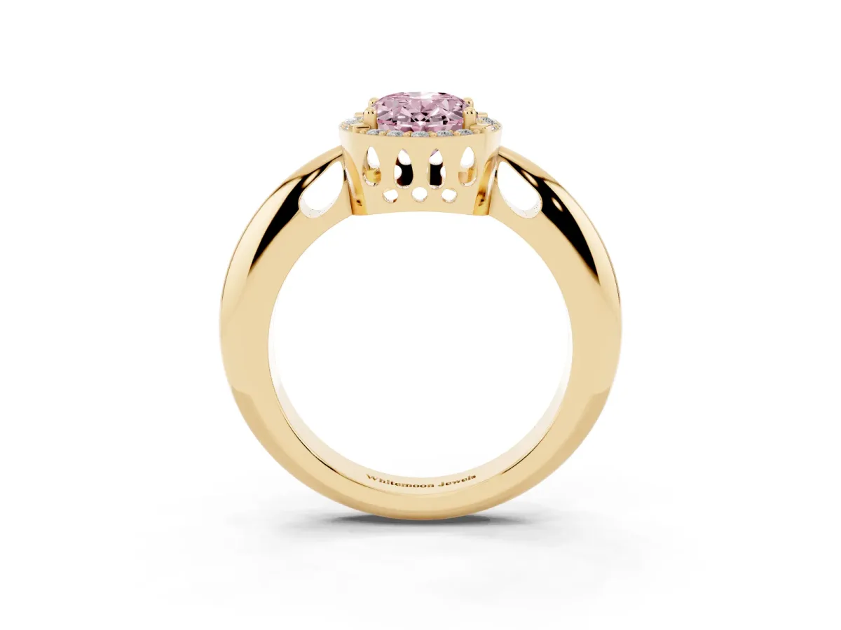 Fancy Pink Oval Cut Cut Diamond Halo Engagement Ring with Split Shank and Four-Prong Setting Yellow gold
