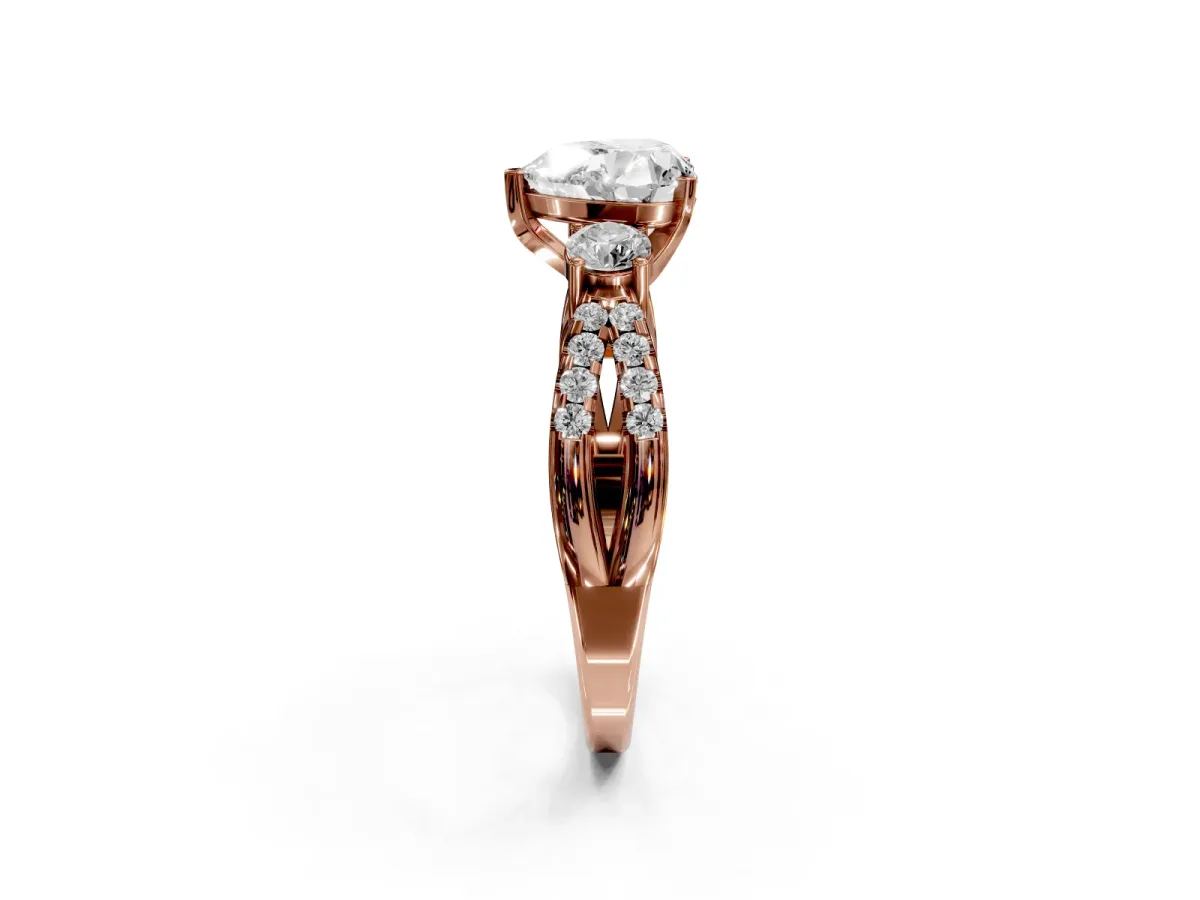 Heart Cut Diamond Three-Stone Ring with Pavé Split Shank and Four-Prong Setting Rose gold